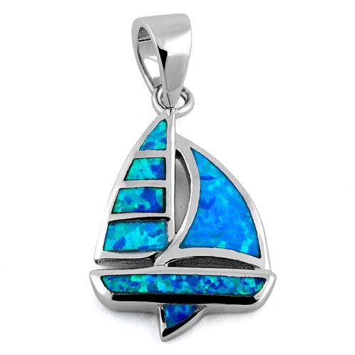 Sterling Silver Blue Inlay Created Opal Sailboat Pendant 